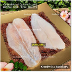 Fish DORI sutchi fillets IQF brand NASUBA Medan NBL 300-400 +/- 11" 28cm/pc - REPACKED (price/pack 700g 2pcs)